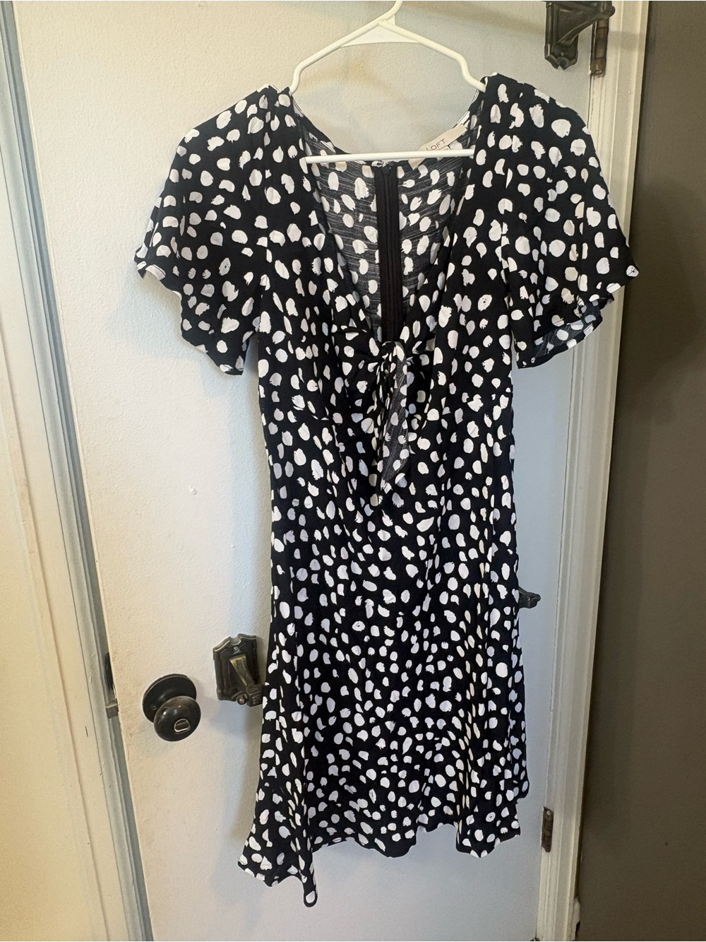 LOFT Black and White Spot Tie-Front Dress